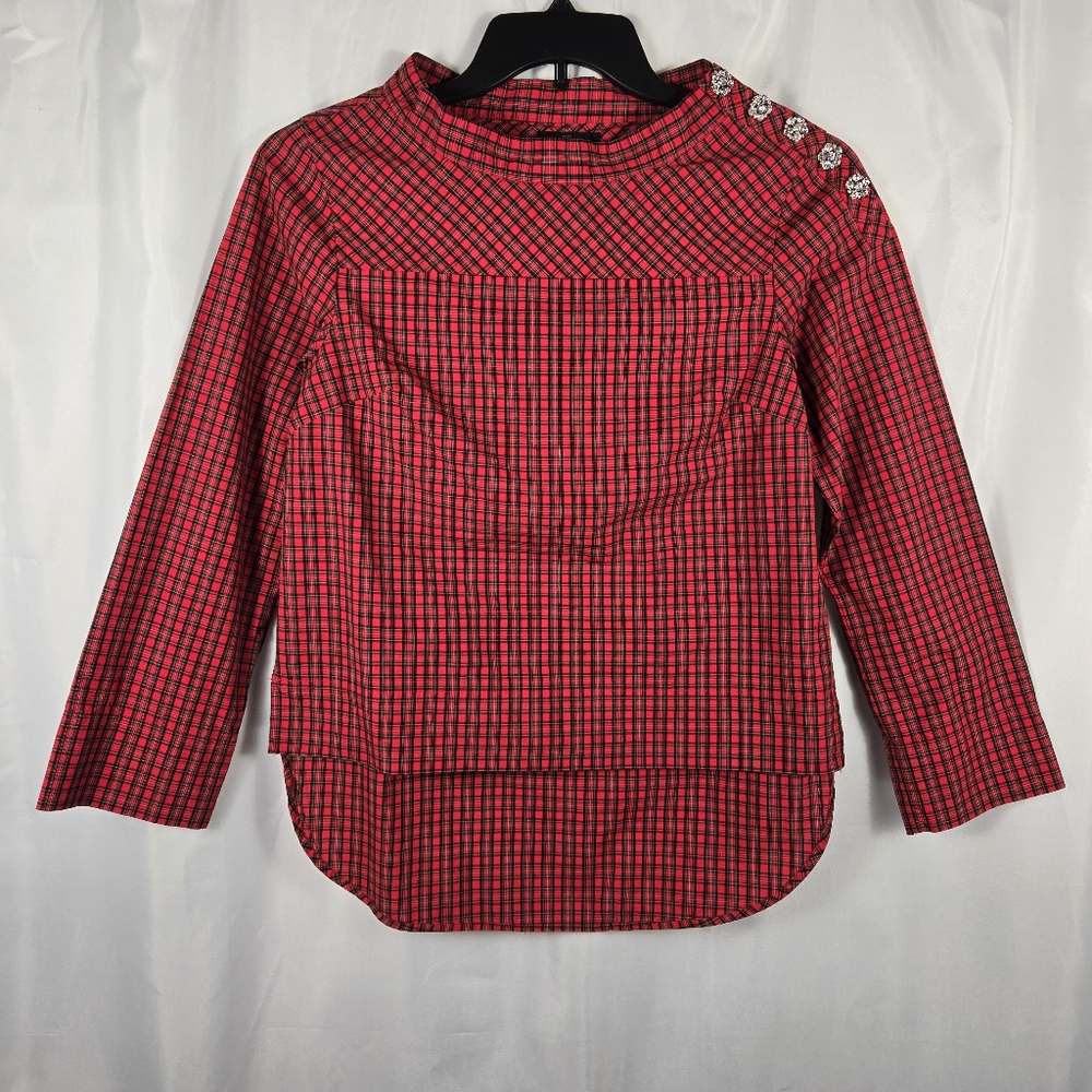 J. Crew Black Label Red Holiday Plaid Jeweled Funnel Neck Top Size 2 Petite